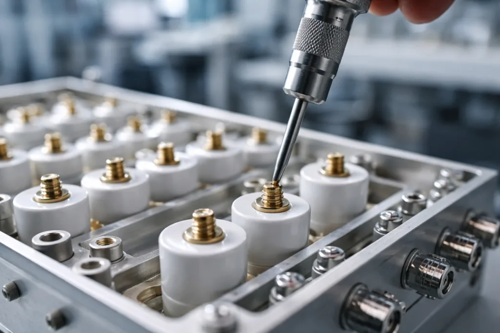 The image shows a tuning screw being securely locked into a ceramic dielectric filter, highlighting the precision required for telecom filter assembly.