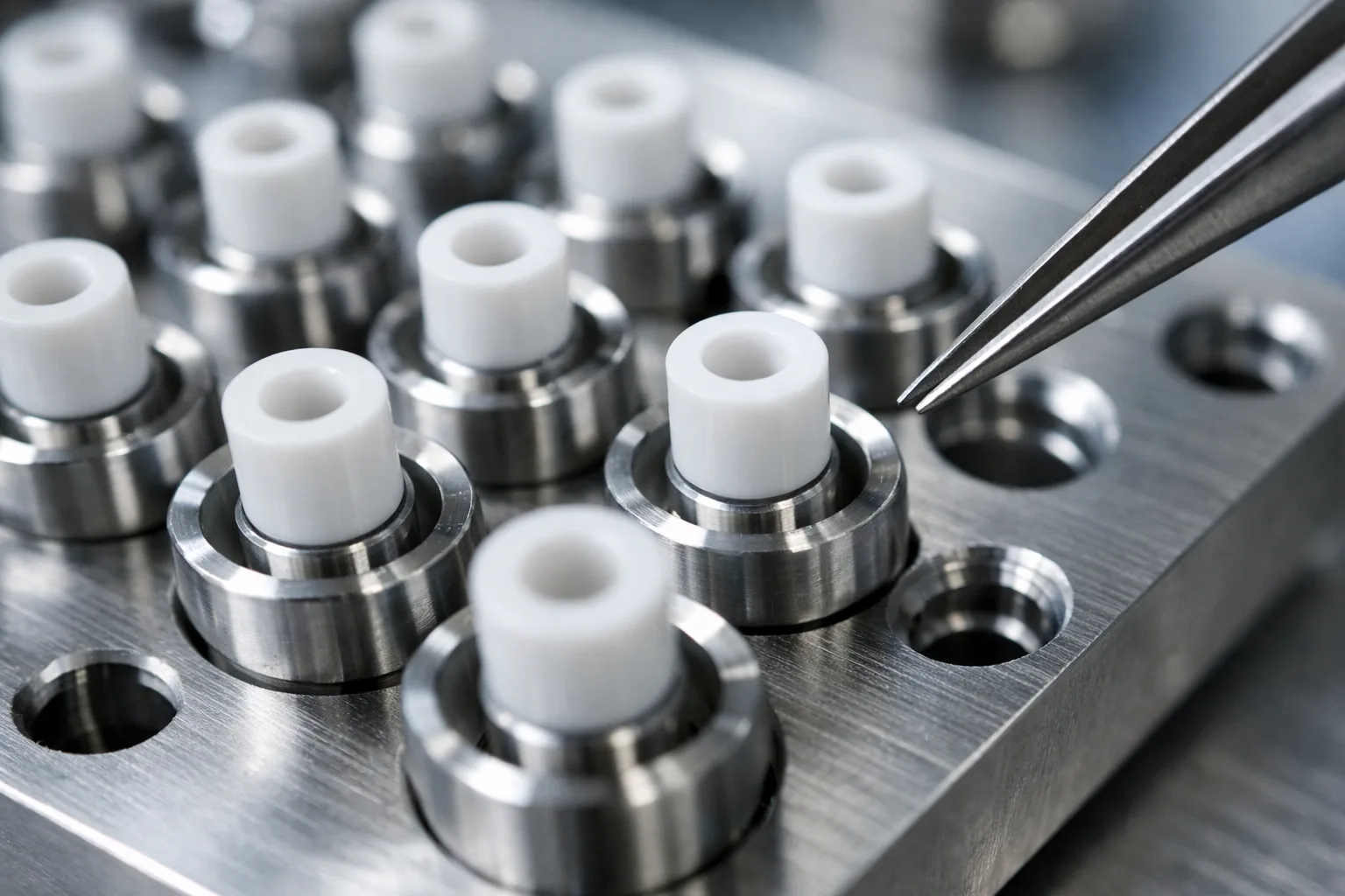 This image showcases several pristine ceramic ferrules arranged for the adhesive application and polishing process, illustrating the high-precision steps required in fiber optic connector assembly.