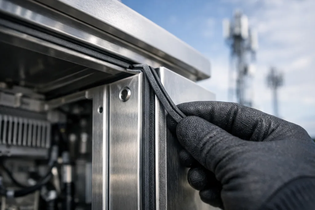 A close-up image capturing the precise installation of a conductive elastomer EMI gasket on the edge of an outdoor telecom cabinet, illustrating the importance of quality sealing in harsh environments.