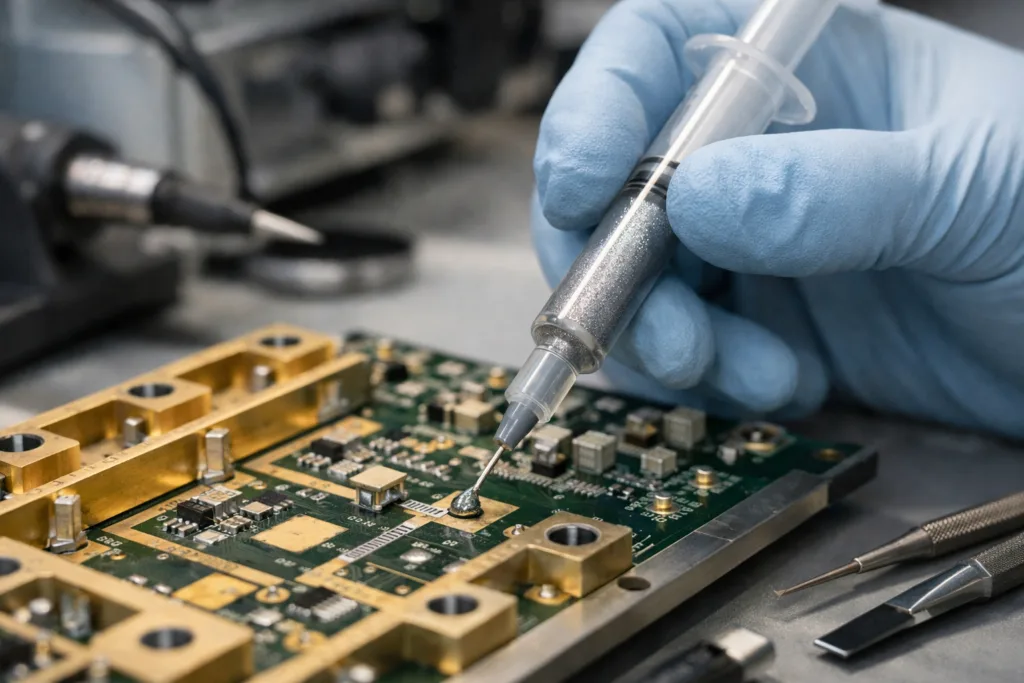 A technician carefully dispenses conductive silver epoxy onto a 5G filter substrate. The scene emphasizes material application and process precision.
