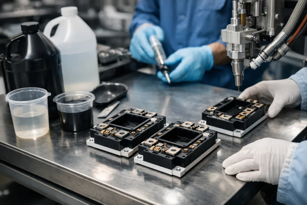This image illustrates the careful preparation process for potting inverter IGBT modules, showing a professional industrial environment and potting materials.