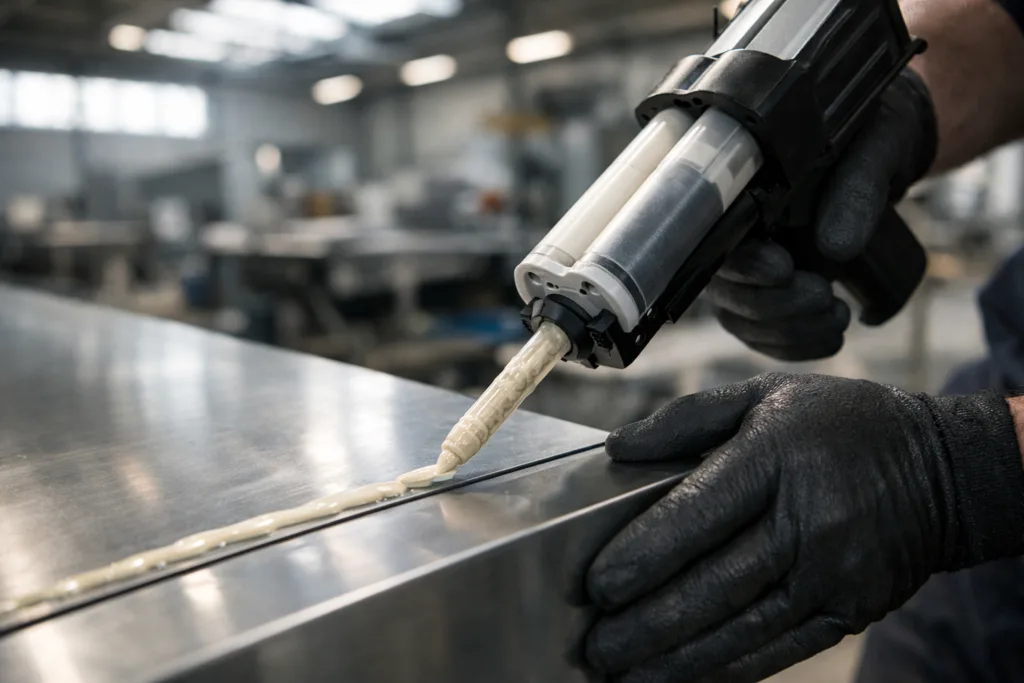 A technician demonstrates MMA adhesive application on metal panels in a bright, advanced manufacturing environment—showcasing the robust bond these adhesives enable.