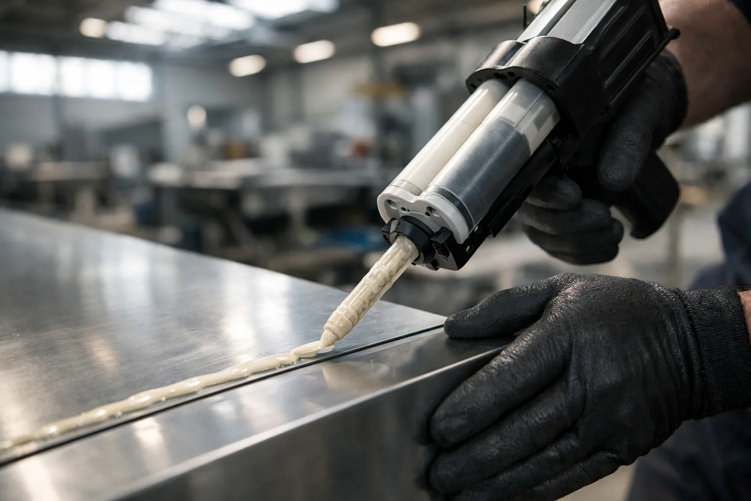 A technician demonstrates MMA adhesive application on metal panels in a bright, advanced manufacturing environment—showcasing the robust bond these adhesives enable.