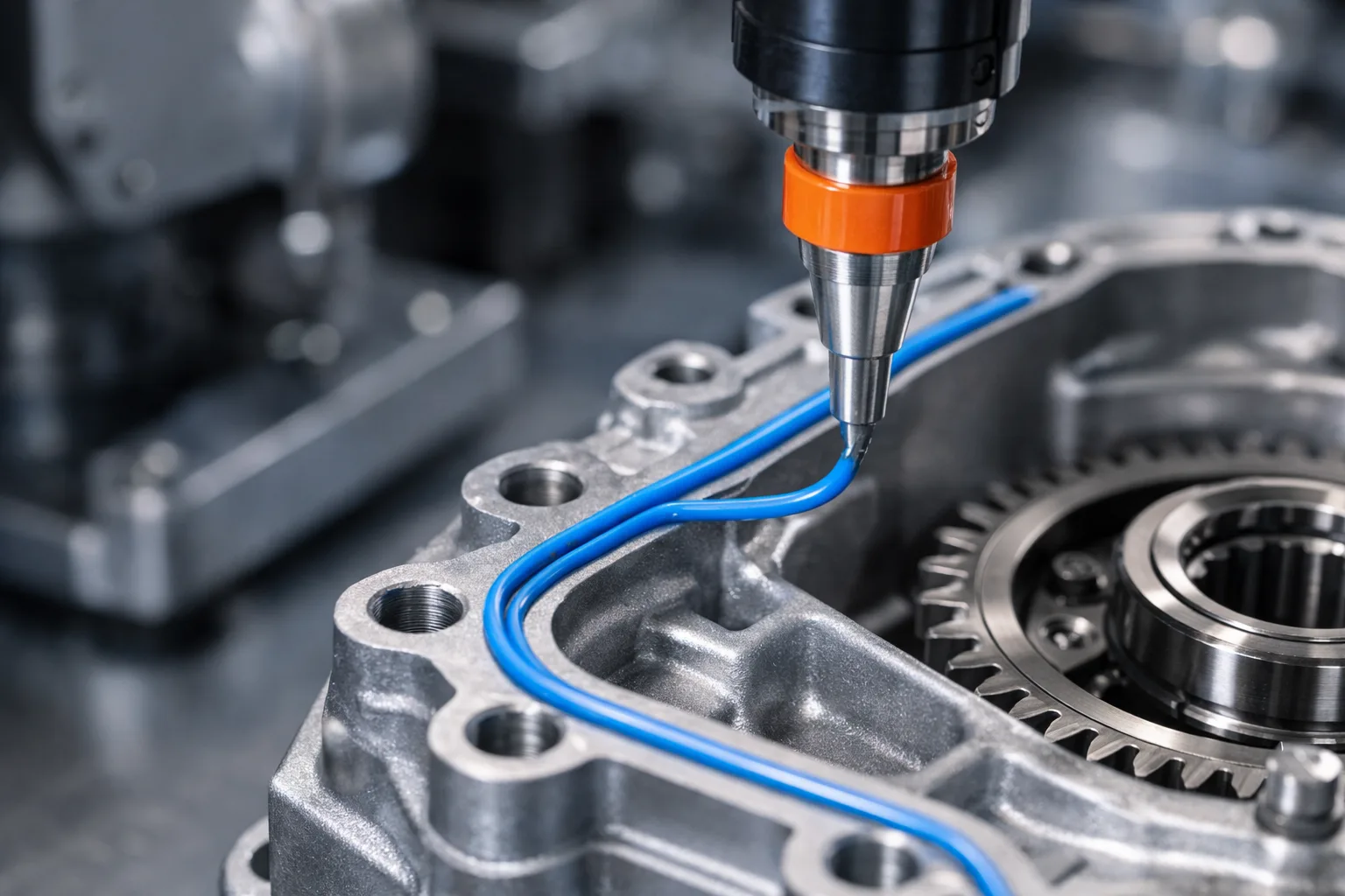 A robotic dispenser applies a precise FIPG bead to a gearbox flange, illustrating the advanced sealing process crucial for modern powertrain reliability.