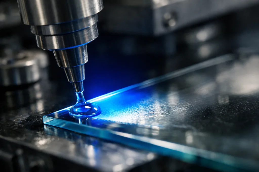 This image shows the vivid color transition of UV adhesive on glass during cure, highlighting process precision in manufacturing settings.