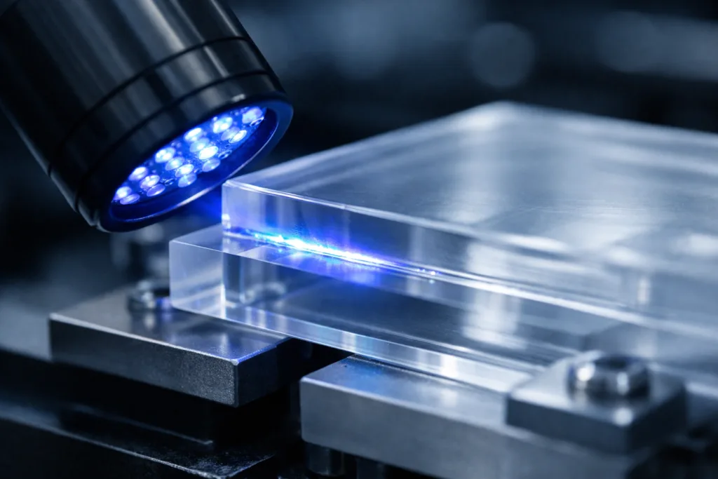 A close-up shot of polycarbonate and PMMA parts being bonded with a UV-curable adhesive under a specialized curing lamp in a precision manufacturing setting.