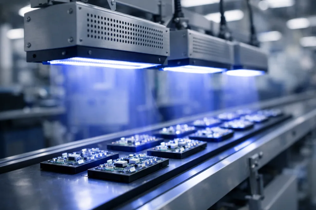 A professional manufacturing setting showing a UV curing conveyor with parts exposed to precisely controlled UV dosage for adhesive curing.
