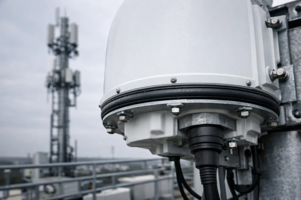 A professionally sealed 5G antenna radome displays robust weatherproofing against environmental threats, with mounting interfaces clearly visible.