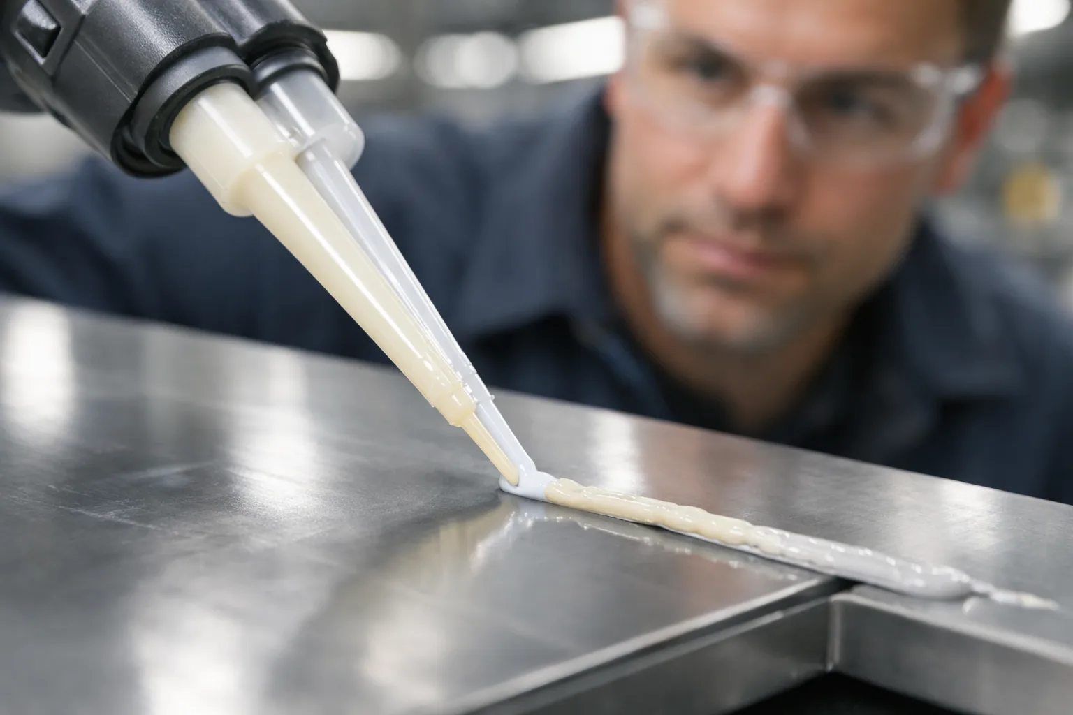 The image illustrates how accelerators are used during the application of 2-part acrylic adhesives in a manufacturing process, focusing on metal bonding.