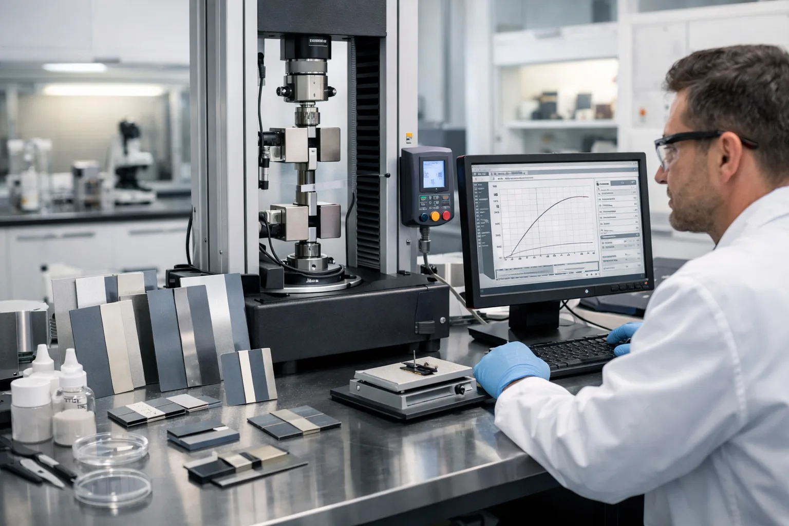 A technician performs lap shear testing on aerospace-grade adhesives in a modern laboratory, visually emphasizing rigorous testing processes and technical standards.