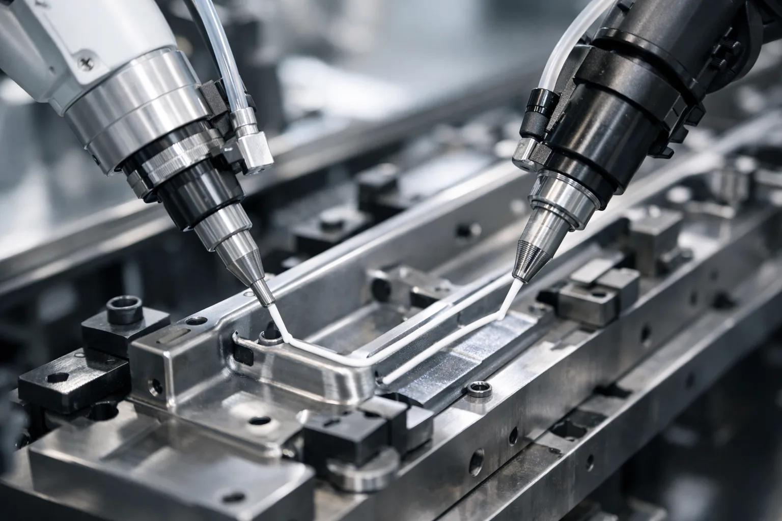 Automated robotics in a manufacturing plant applying industrial glue, illustrating the use, methods, and controlled environment described in the guide.