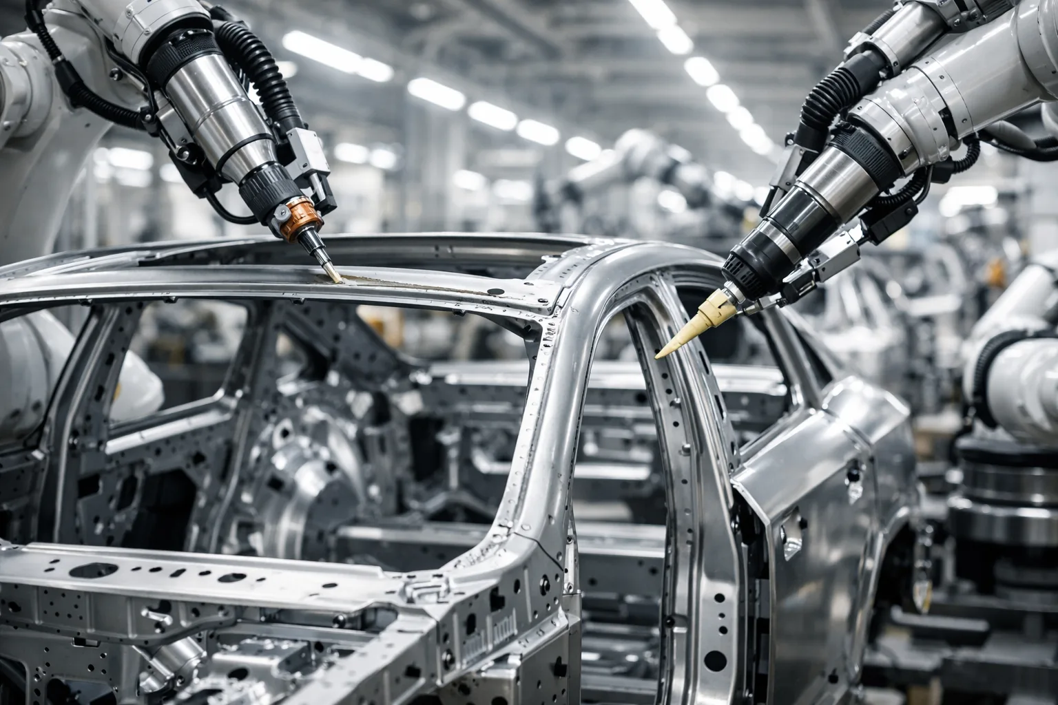 An automotive assembly line applies adhesives to a car body frame, representing structural adhesive technology in today's vehicles.