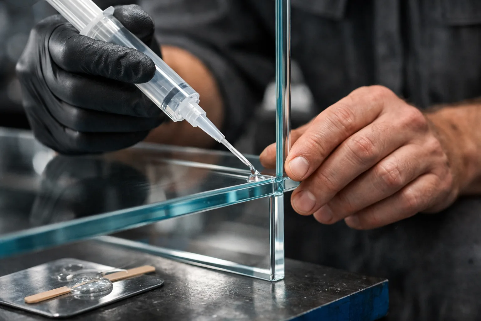 A workspace showing a technician expertly joining glass panels for a furniture piece with clear acrylic adhesive, highlighting transparent, seamless bond lines essential for displays.