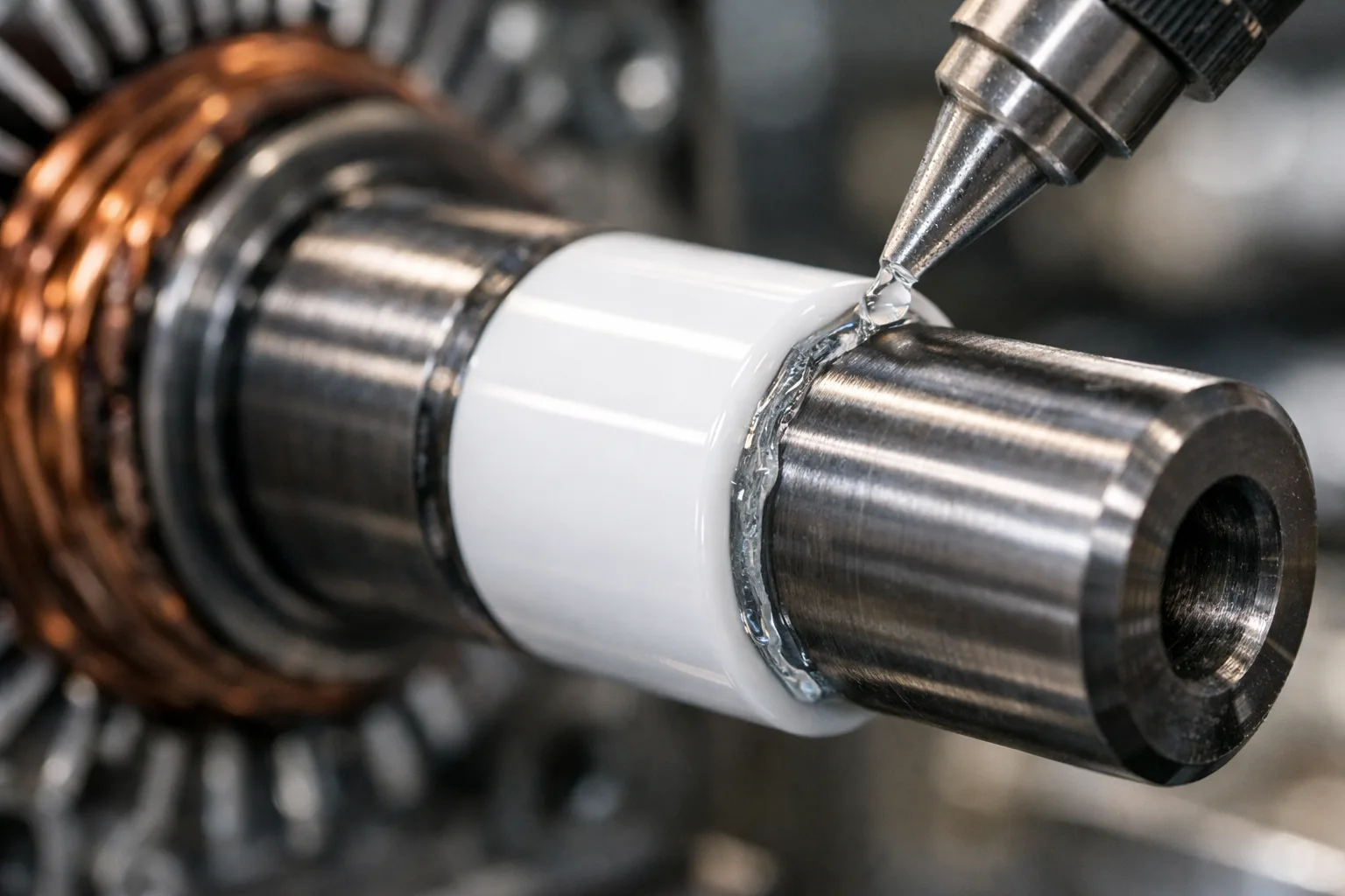 A detailed visual of an electric motor shaft with a ceramic sleeve being bonded, highlighting the careful process required for high-efficiency applications.