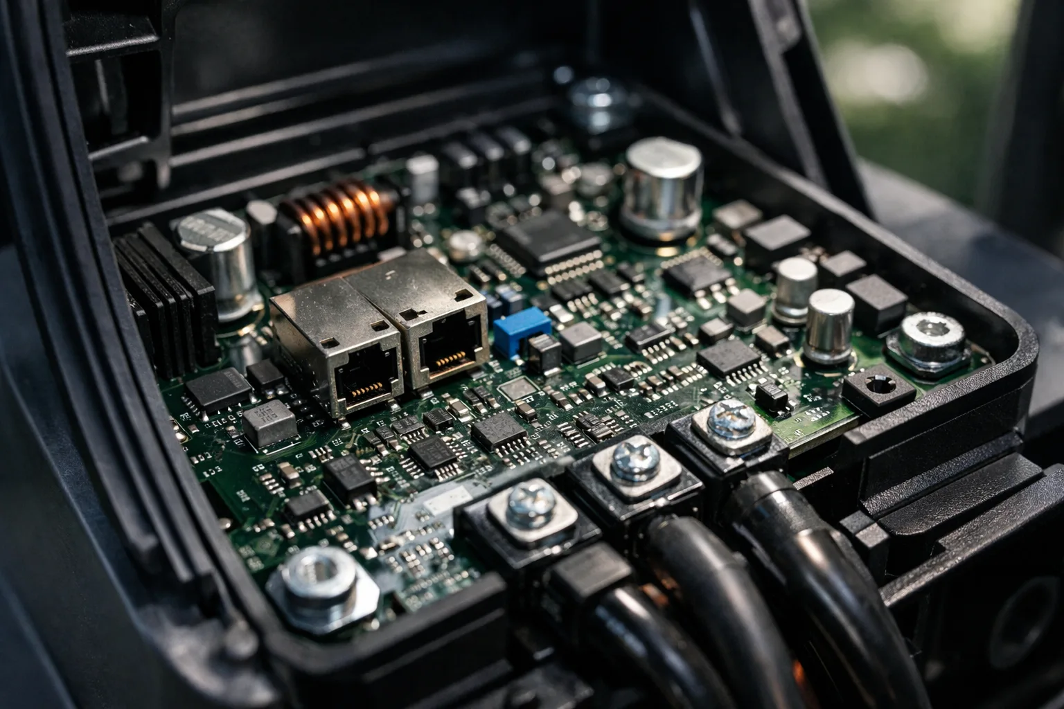 Image showing a charging station PCB with a conformal coating, highlighting the moisture protection against outdoor humidity. Technical setting, macro shot.