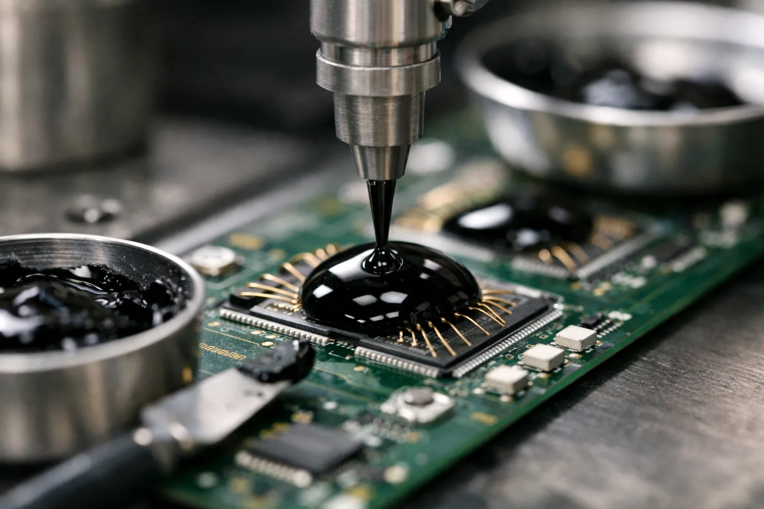 This image depicts the manufacturing process of cob (chip on board) glob top encapsulation, focusing on precision equipment and the critical moment of material application for high-reliability platforms.