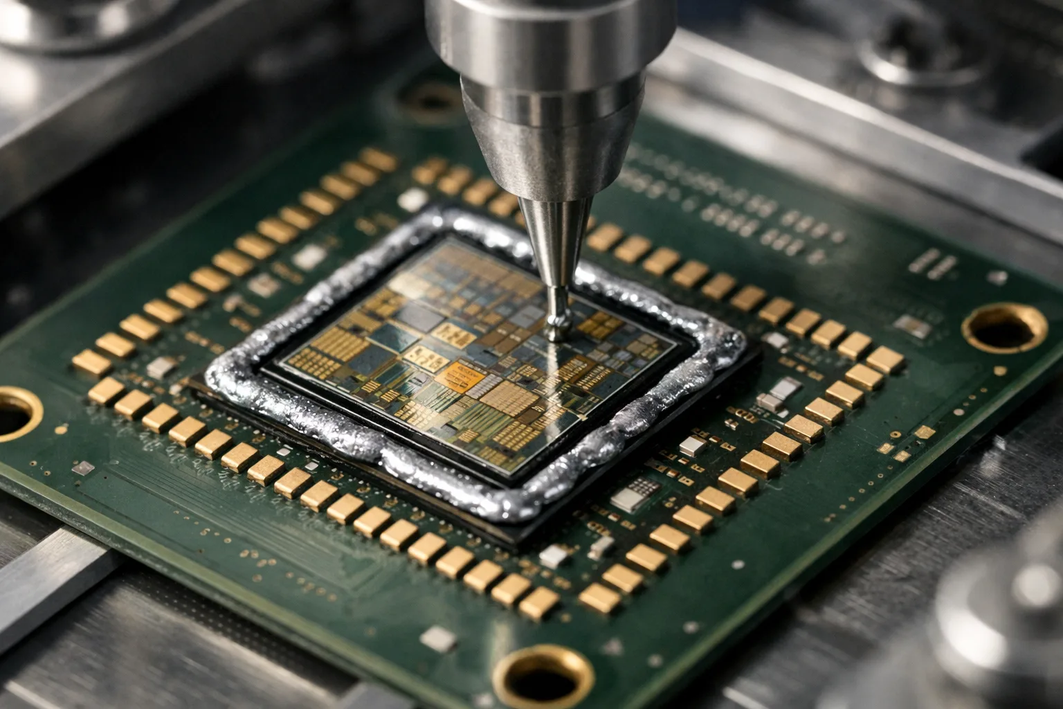 A detailed view depicts silver-filled adhesive bonding a semiconductor die to a substrate, emphasizing both conductivity and heat management requirements.