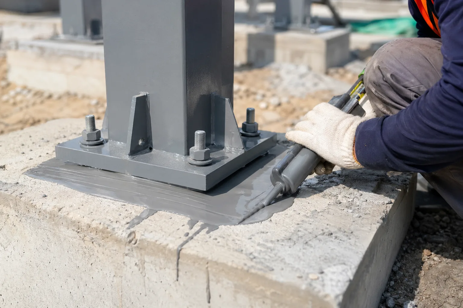 A detailed look at epoxy resin being injected into anchor holes during a charging pile foundation installation, highlighting adhesive placement and site cleanliness.