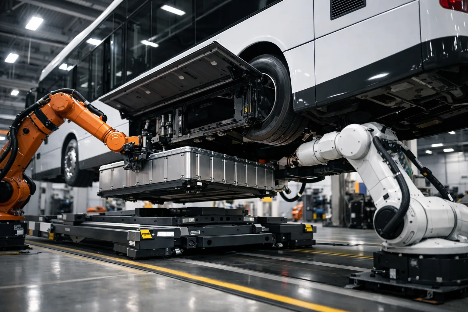 A state-of-the-art heavy-duty battery swap station with visible structural bonding on battery trays and modular frames, underscoring industrial cleanliness and robust engineering.
