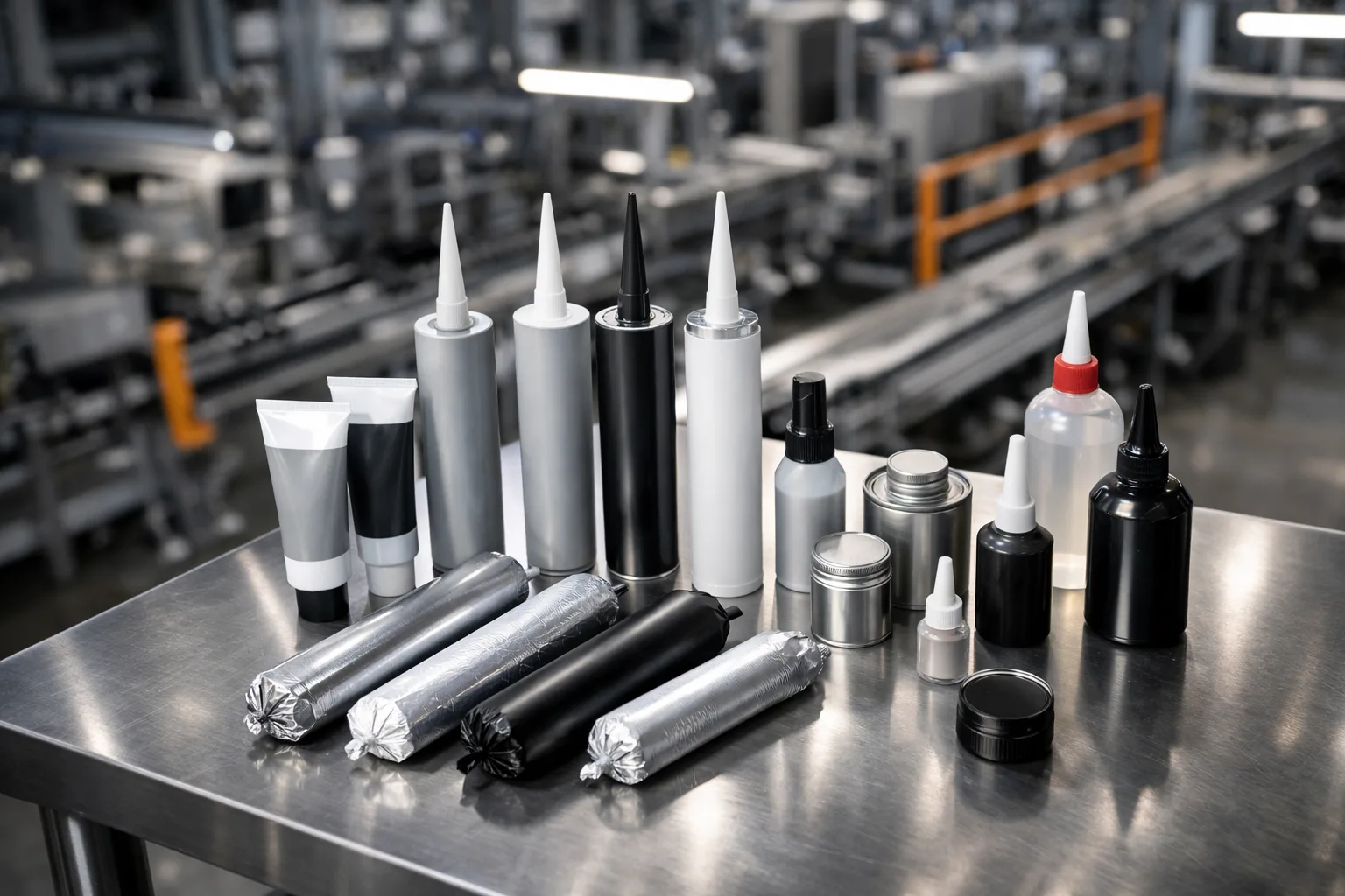 A modern factory workbench displays a range of industrial sealants and adhesives, illustrating the contrasting functions these products serve in manufacturing.