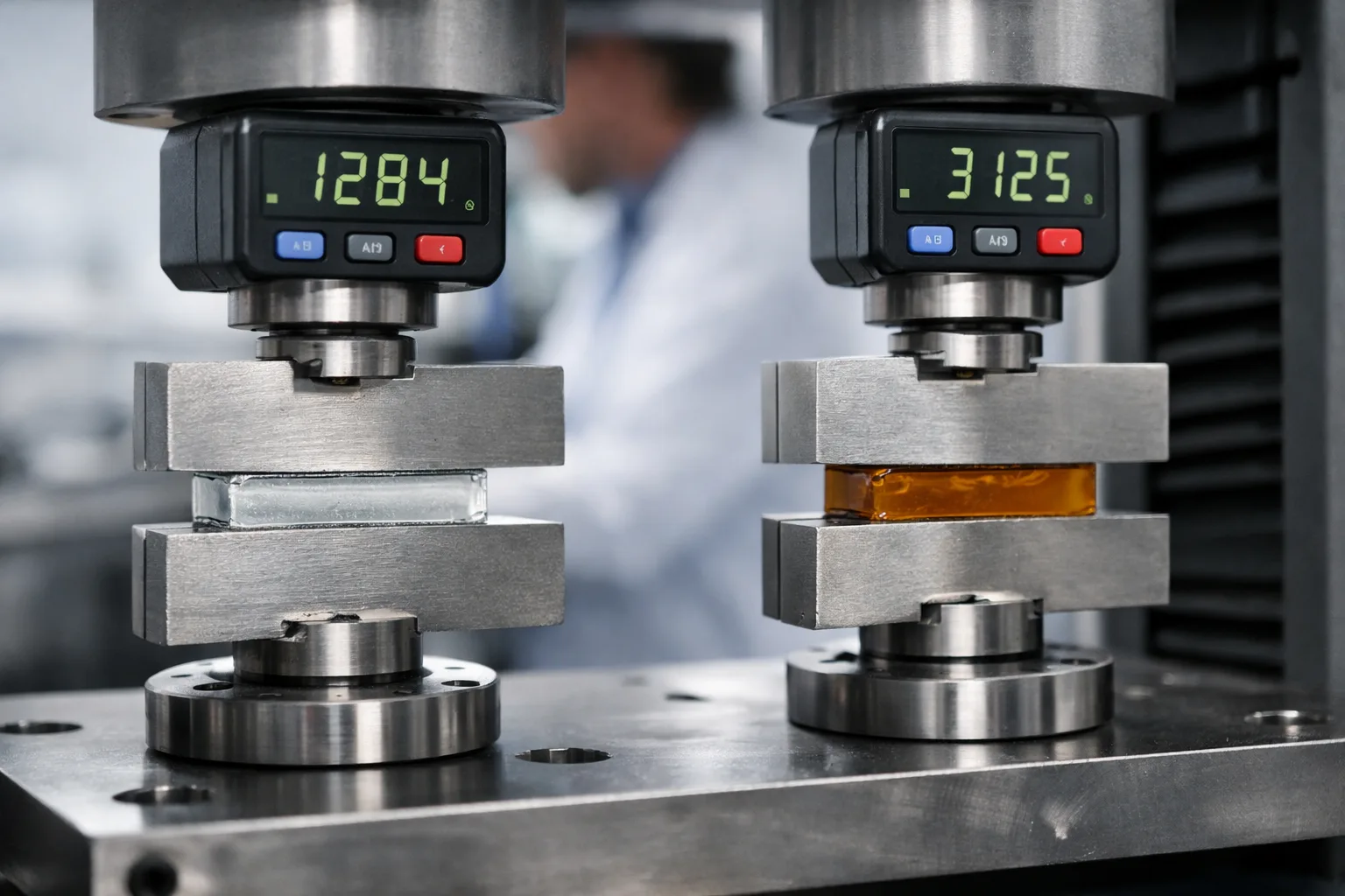 A laboratory scene showing acrylic and epoxy adhesives being tested for shear strength on metal plates. Clean lighting and precise digital instruments emphasize accuracy and industrial context.