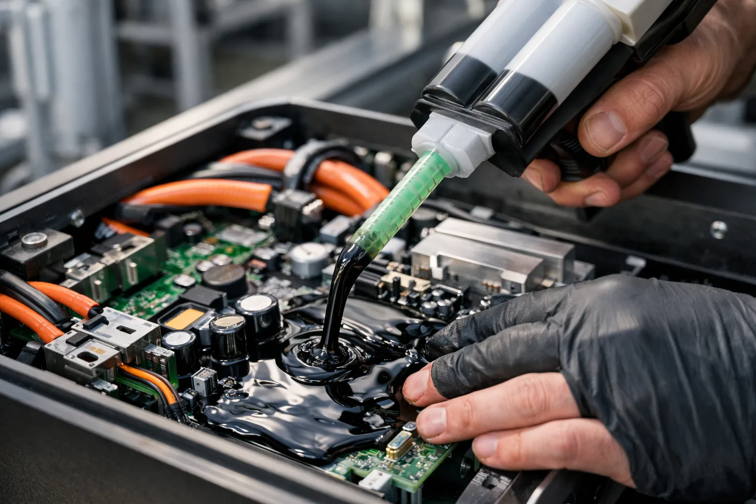 A detailed view of the potting process, showing the importance of even application for outdoor DC charging pile protection.