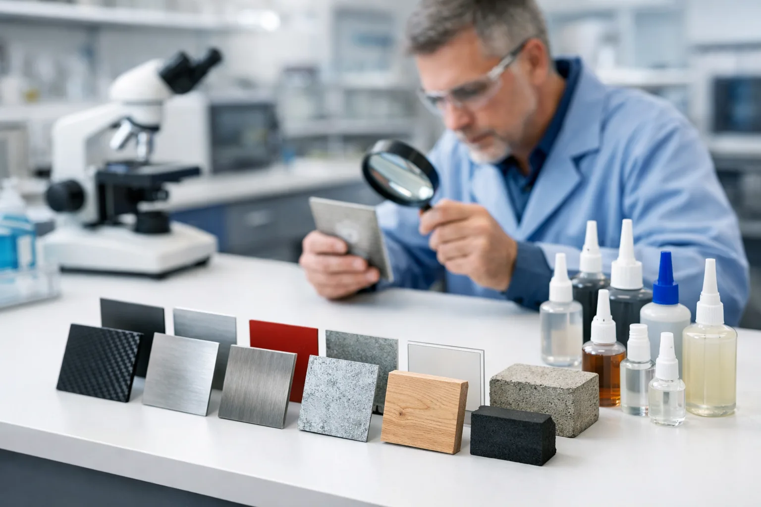 An application engineer examining metal and polymer panels in a lab, preparing samples for a custom manufacturing adhesive solutions project. Emphasis on cleanliness, technical tools, and process focus.