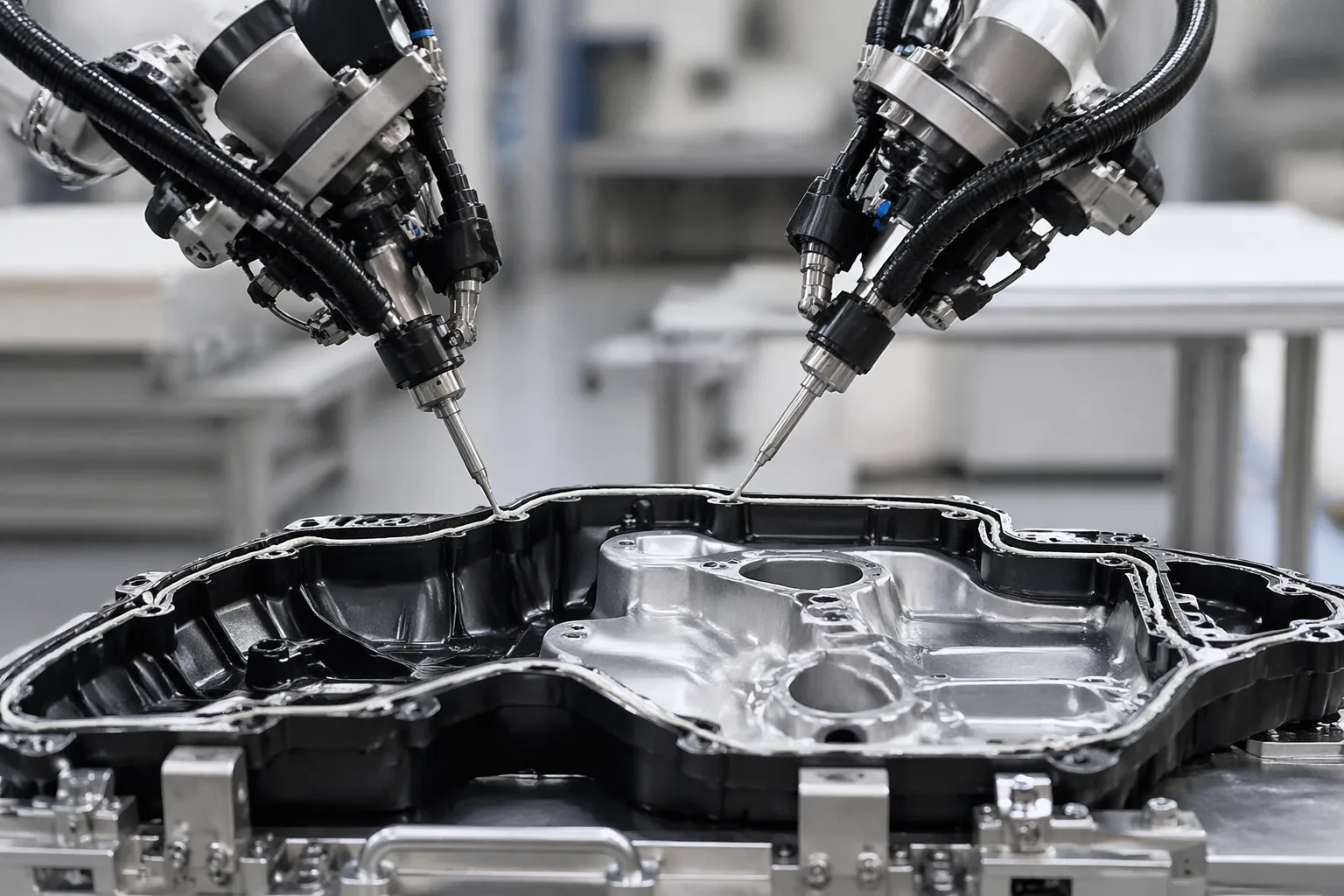 This photo-realistic image illustrates an engineering context where robots apply adhesive sealant to mixed-material joints for both bonding and sealing functions. The scene portrays a modern, clean manufacturing environment, echoing the article's focus on industrial selection logic.