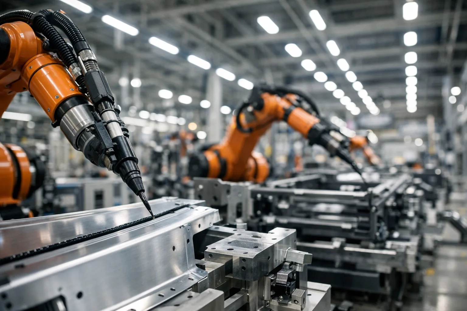 An industrial factory scene showing robotic arms applying adhesives to metal assemblies—emphasizing precision, speed, and technical environment.