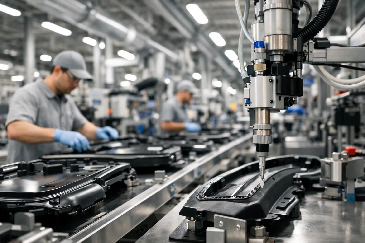 An advanced factory floor where low odor acrylics are applied, illustrating safe and clean manufacturing processes for factory safety.