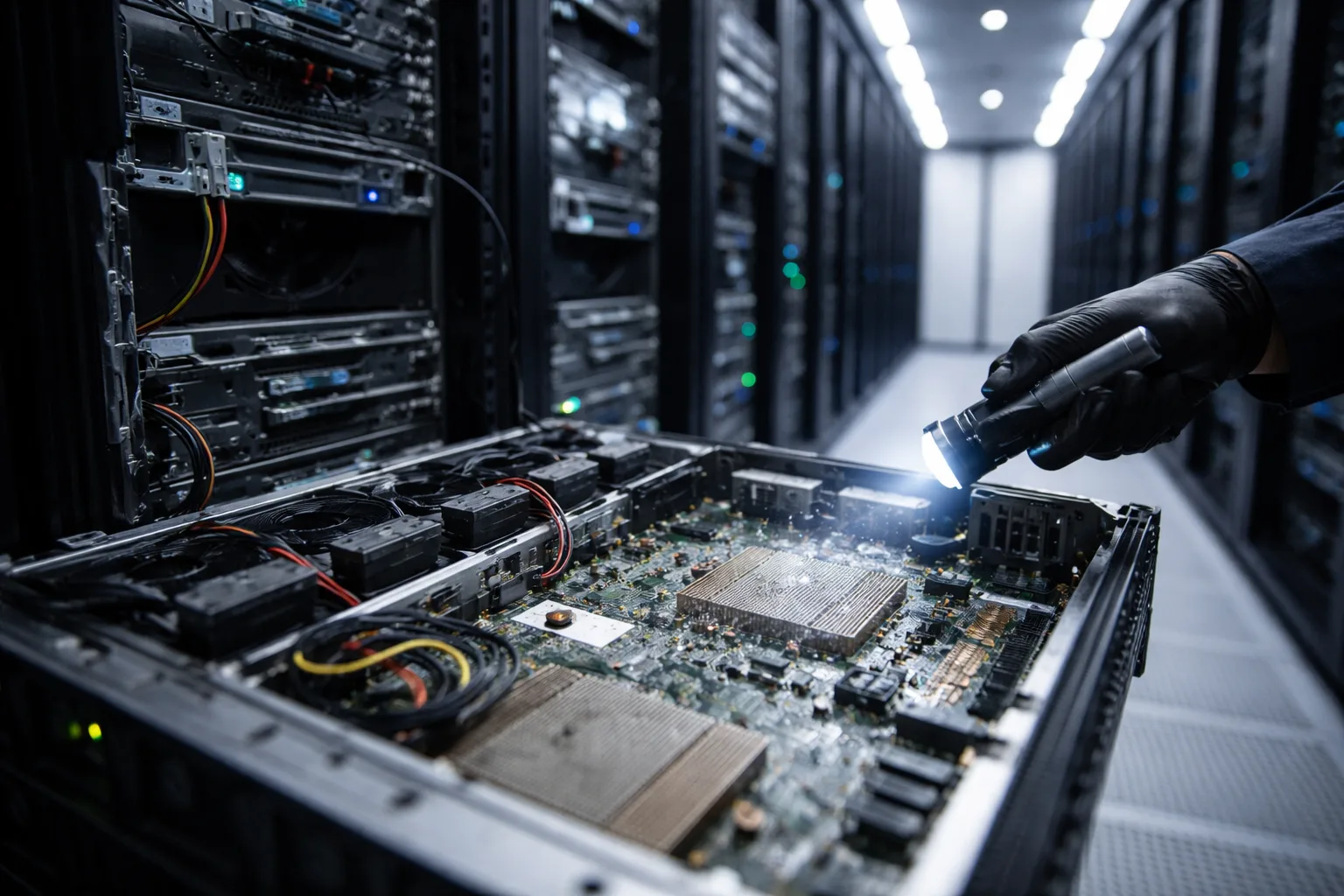 Inspection of data center server motherboards for moisture under cool lighting conditions, emphasizing environmental control and electronics safety.