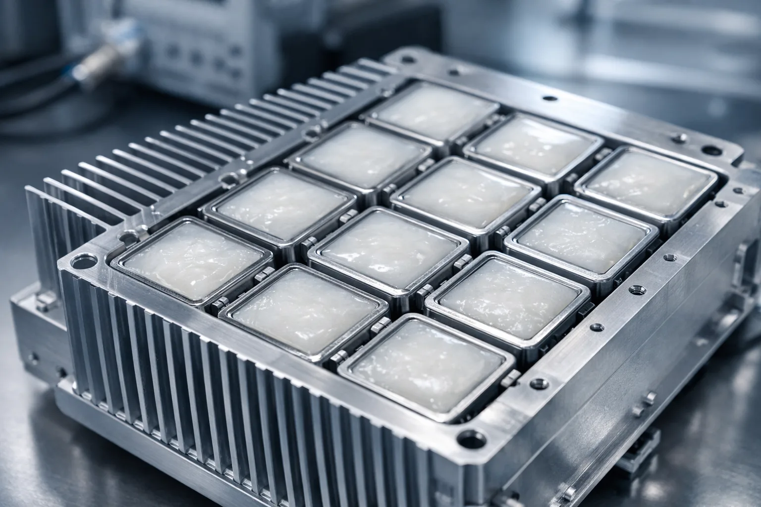 This image visualizes a cross-section of an AAU heat sink incorporating Phase Change Materials (PCM), clearly showing the integration method within a professional, high-tech laboratory.