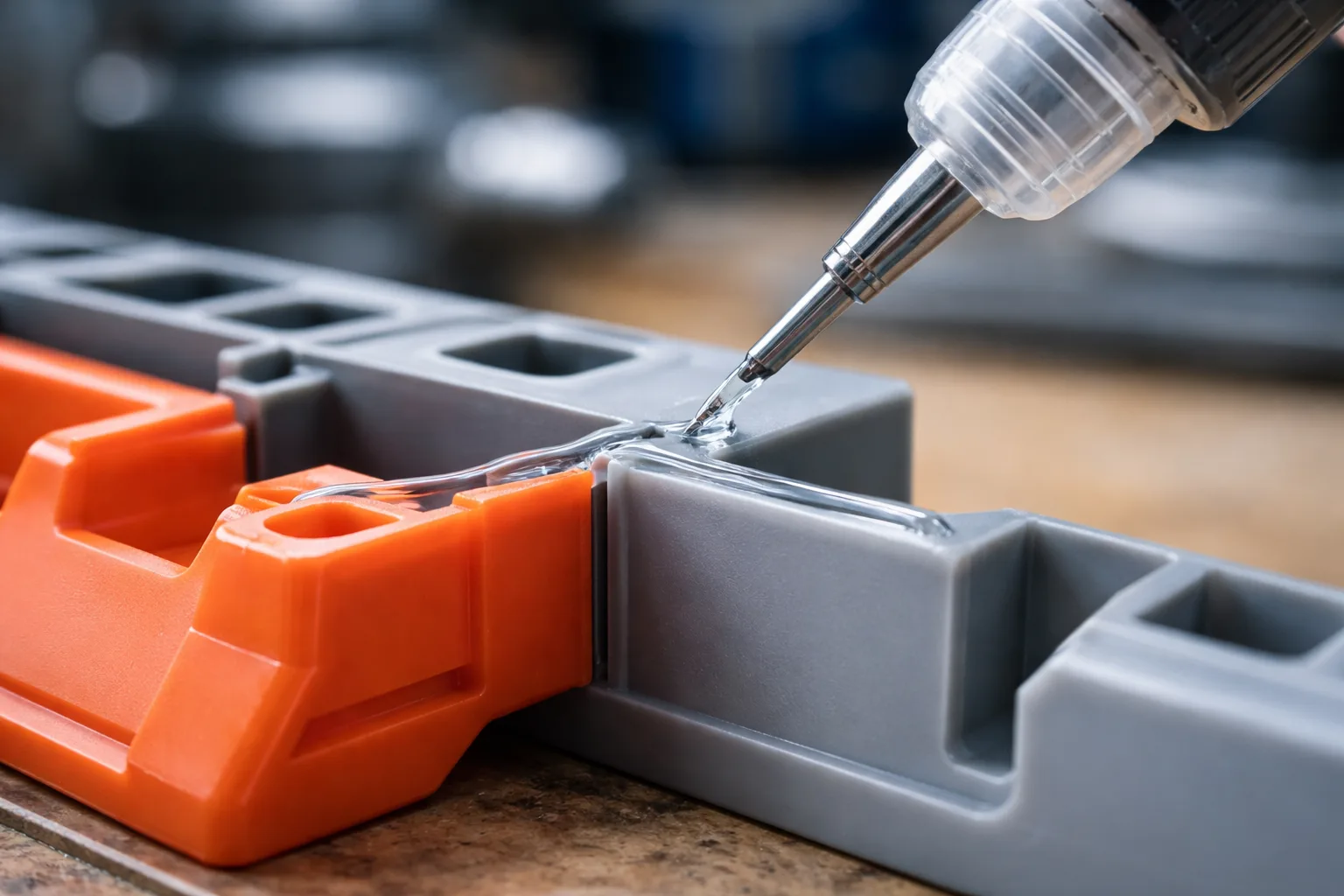 This professional image highlights the careful application of adhesive when joining plastic components, reflecting the challenges tackled in the guide.