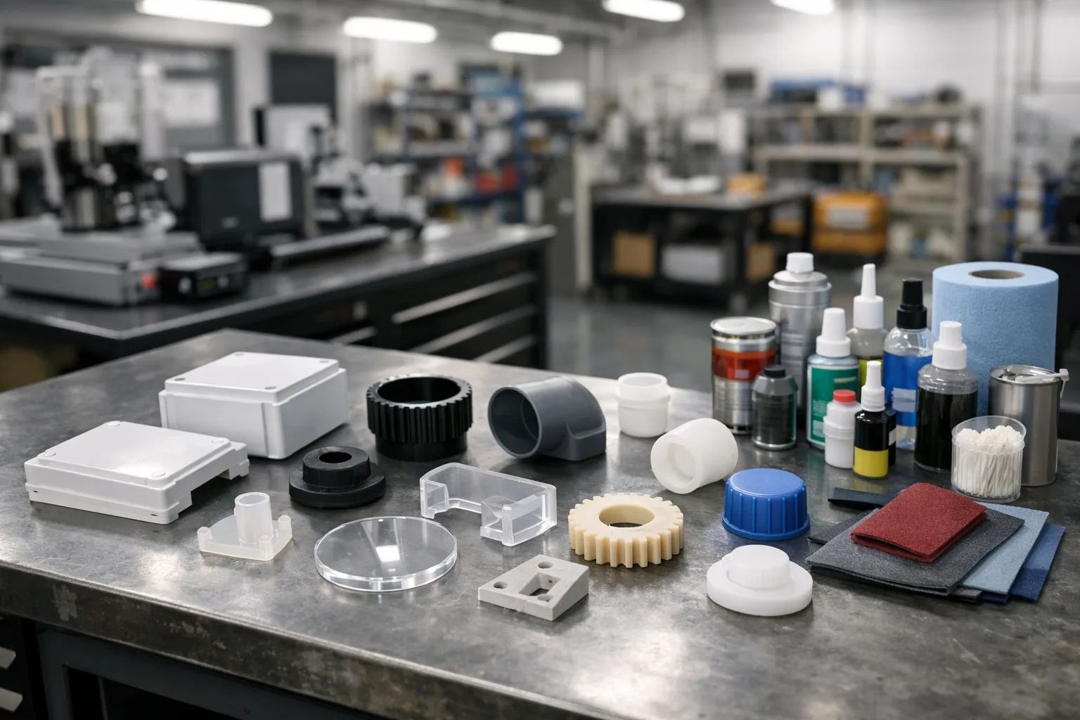 An industrial workspace showing a range of plastic types and adhesive options, illustrating hands-on selection and preparation for reliable bonding.