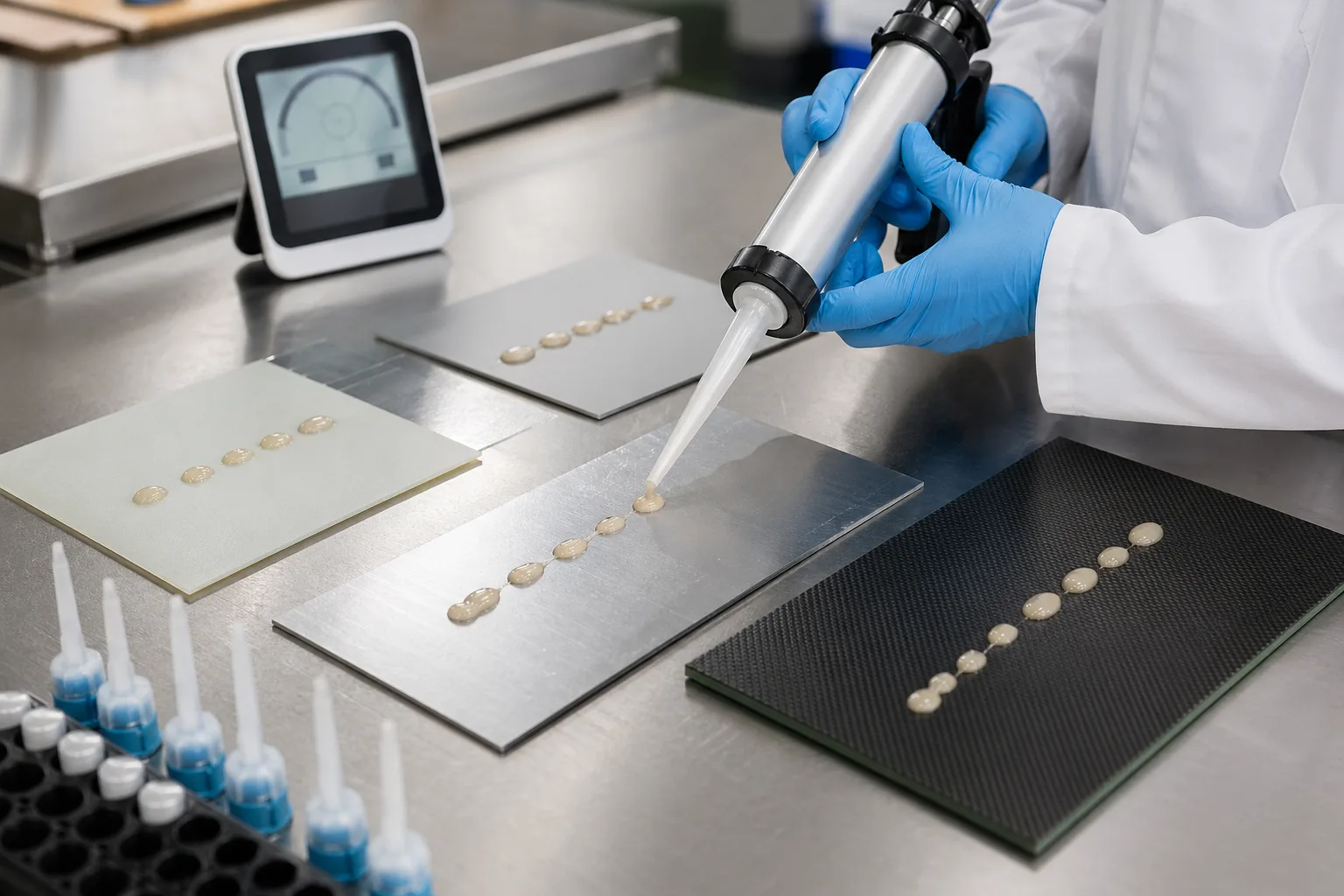 An engineering lab environment where polyurethane adhesive is applied to various panels, demonstrating the initial stage of the moisture curing mechanism and the importance of controlled humidity.