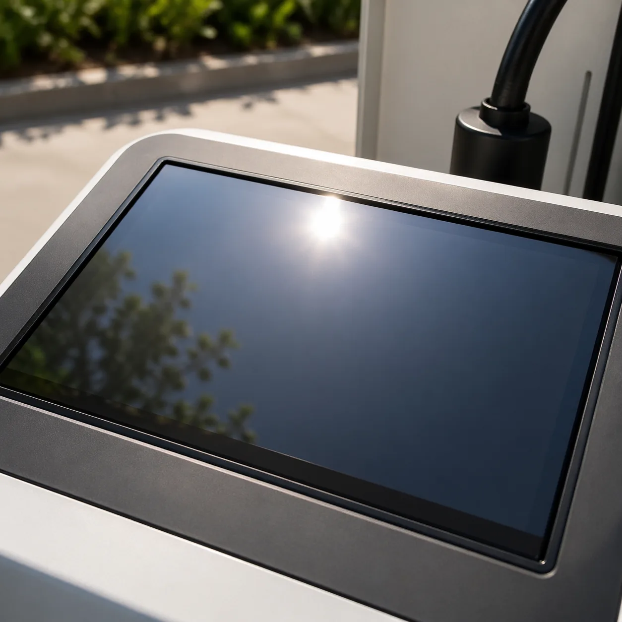 A charging station display with OCR bonding remains optically clear and undistorted under intense sunlight, highlighting the importance of UV stability in maintaining output quality outdoors.