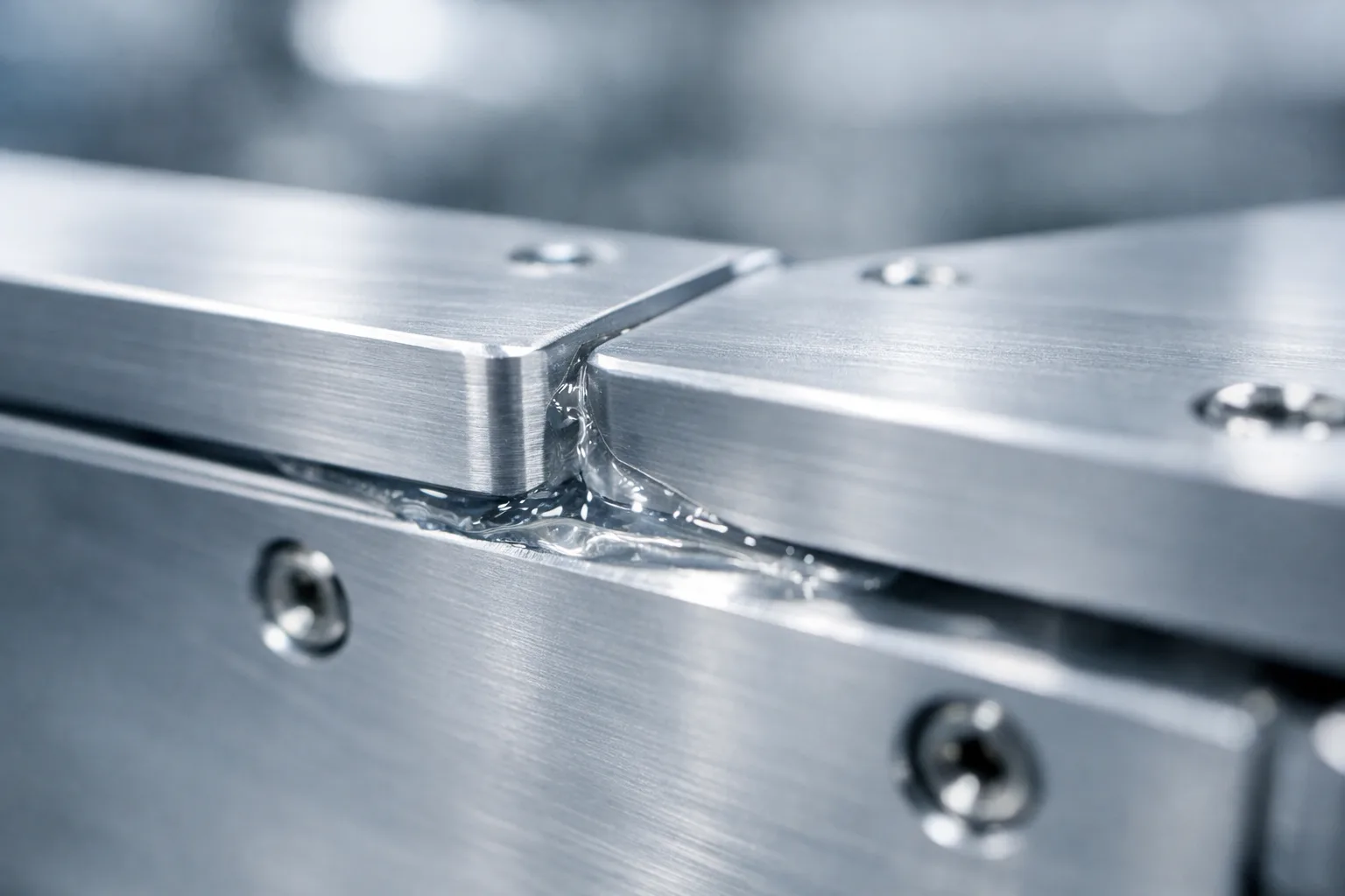 This image highlights engineers bonding two aluminum satellite terminal components with vacuum-resistant adhesive inside a cleanroom environment.