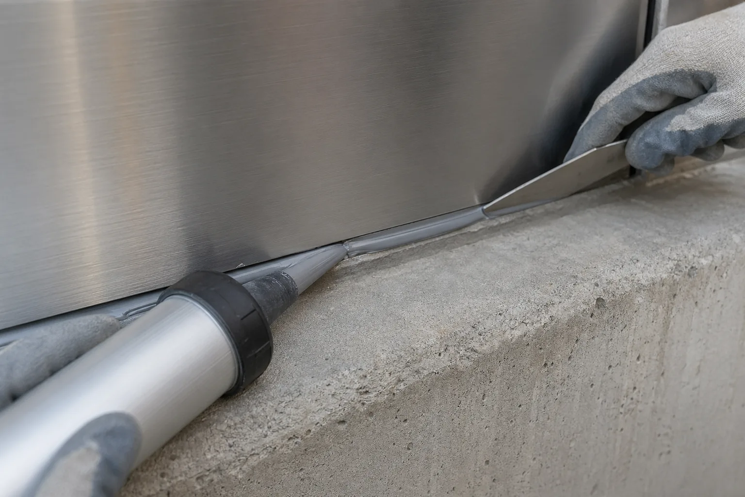 A highly detailed view of an industrial joint where a waterproof seal is being installed, capturing the complexity of substrates and importance of application quality.