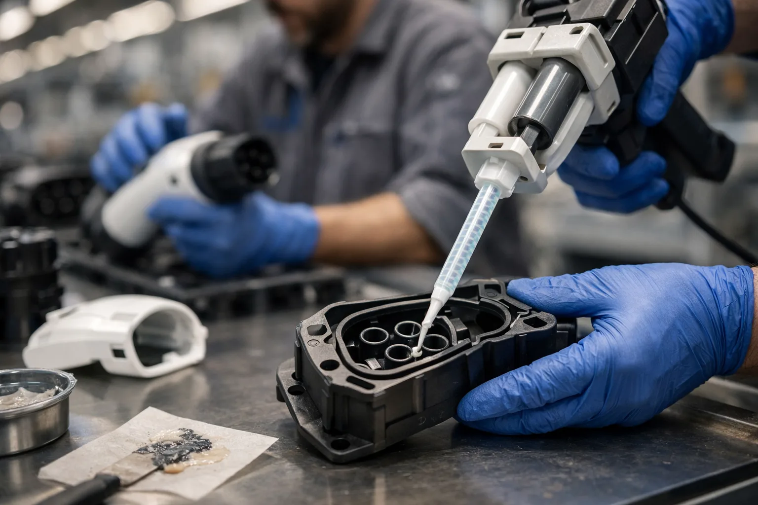 Close-up of a technician skillfully applying weather-resistant adhesive to the assembly area of a charging gun/plug, ensuring reliable bonding for outdoor EV charging stations.