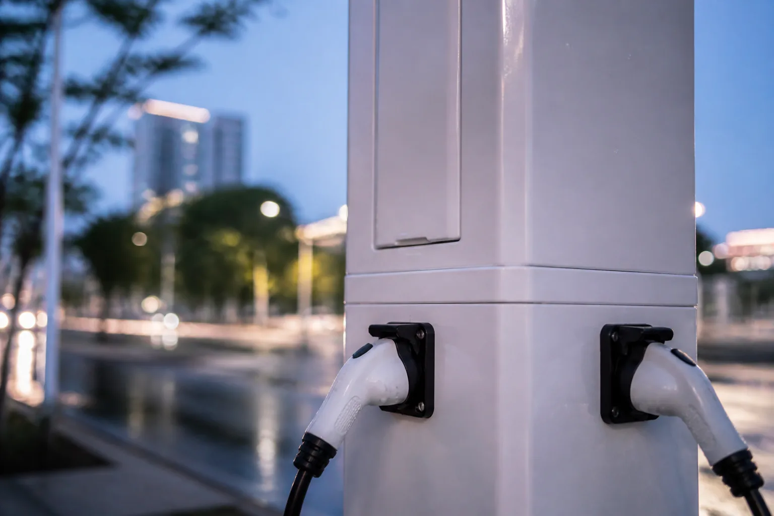 Imagen en primer plano de un poste inteligente 5G en un entorno urbano, que muestra unidades de carga modulares fijadas de forma segura mediante adhesivos resistentes a la intemperie de alto rendimiento, lo que pone de manifiesto la durabilidad de las uniones y su idoneidad para su uso en exteriores.