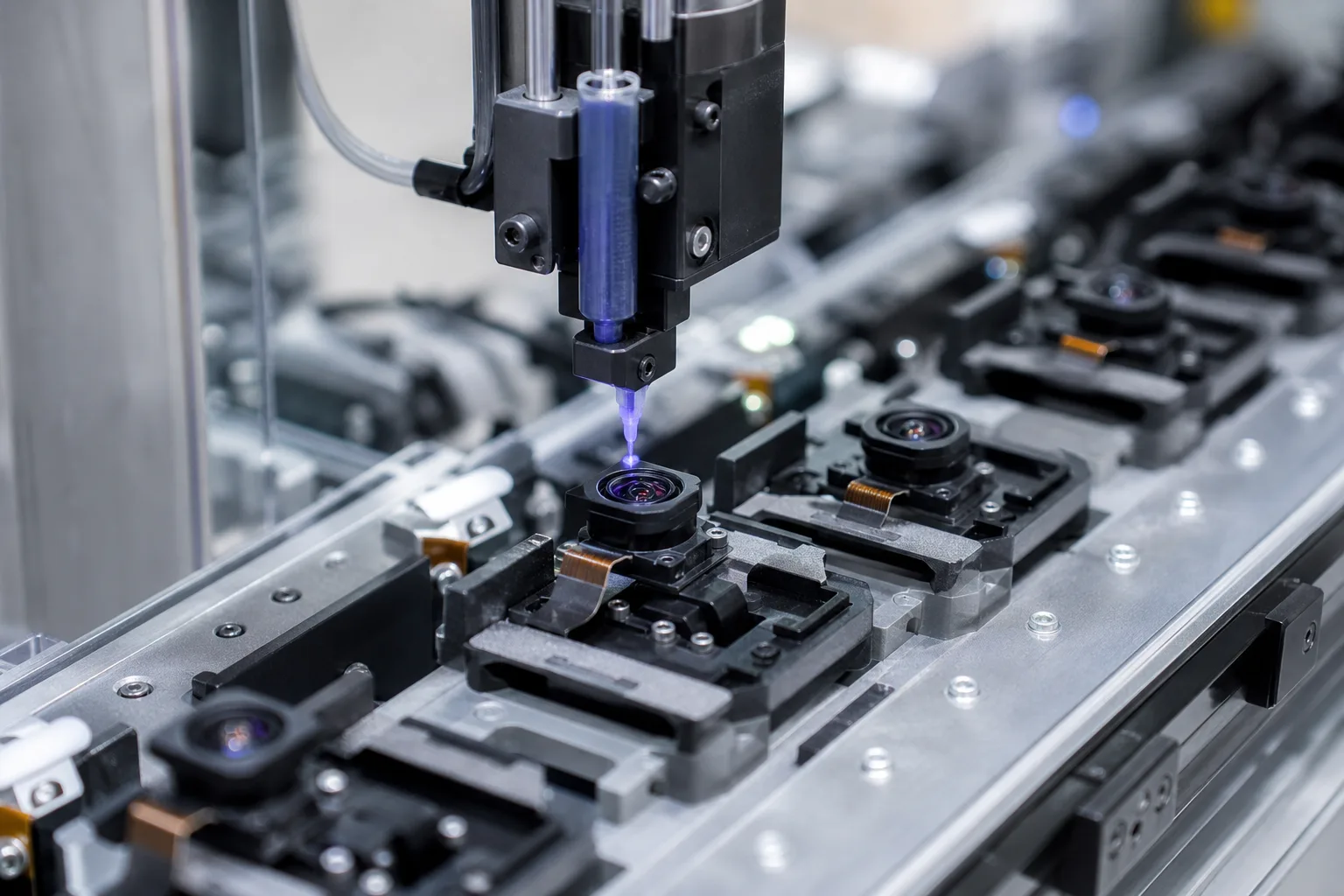An advanced automotive camera module being assembled with active alignment UV adhesive under bright, clean manufacturing conditions.