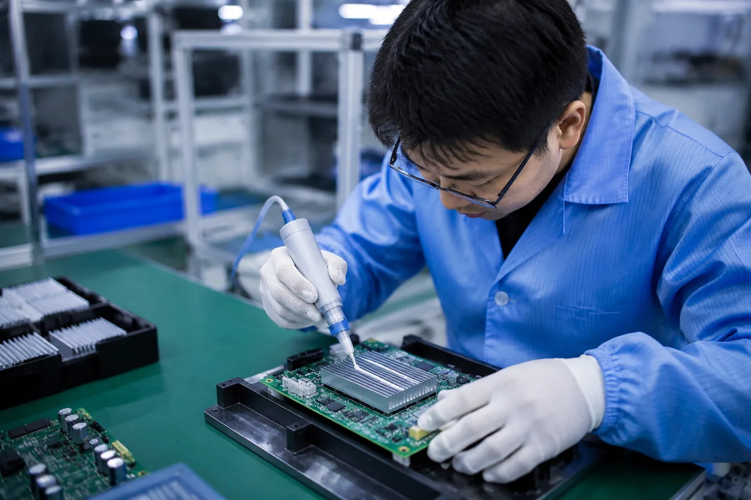 Shows technician using thermal conductive adhesive glue on a heat sink for electronics. Lighting is bright and clear, showcasing process detail.