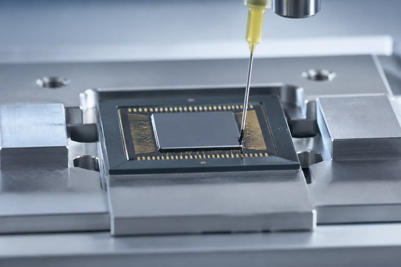 This image presents capillary underfill being applied to flip-chip packaging inside a modern cleanroom, highlighting the adhesive flow under a semiconductor die.