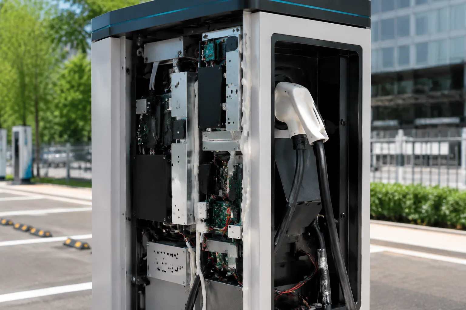 An urban EV charger with metal and plastic panels cleanly bonded using high impact adhesives, illustrating robust anti-vandalism protection.