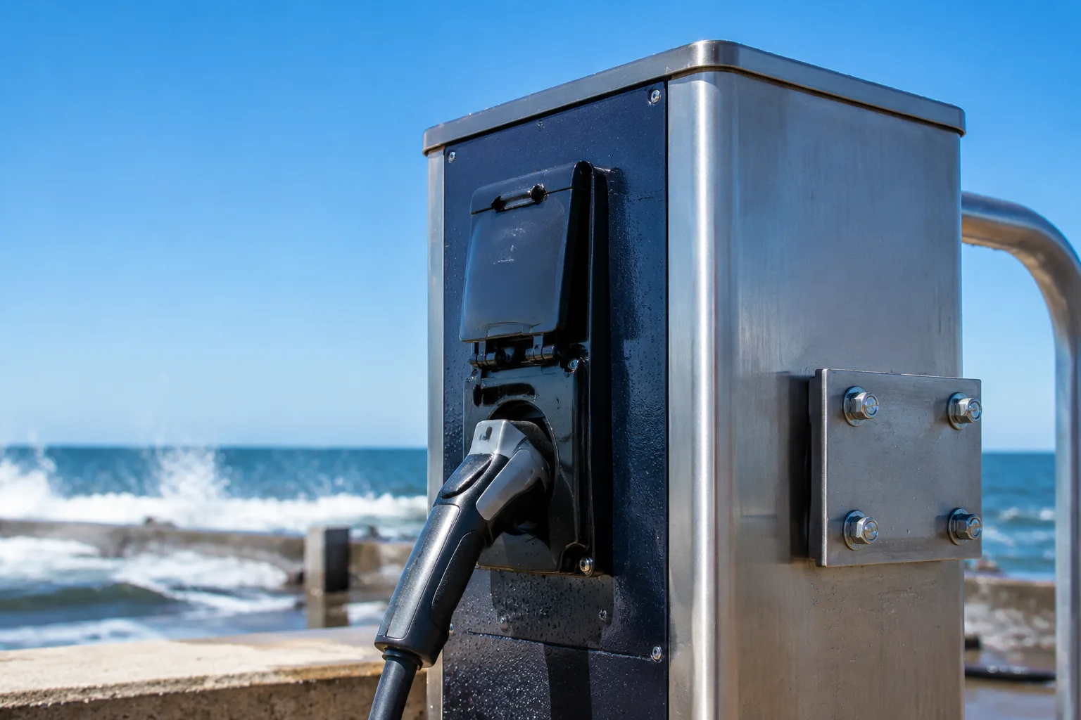A close-up, well-lit image of an epoxy-coated and stainless steel charging station on a dock, built for corrosion protection in marine environments.