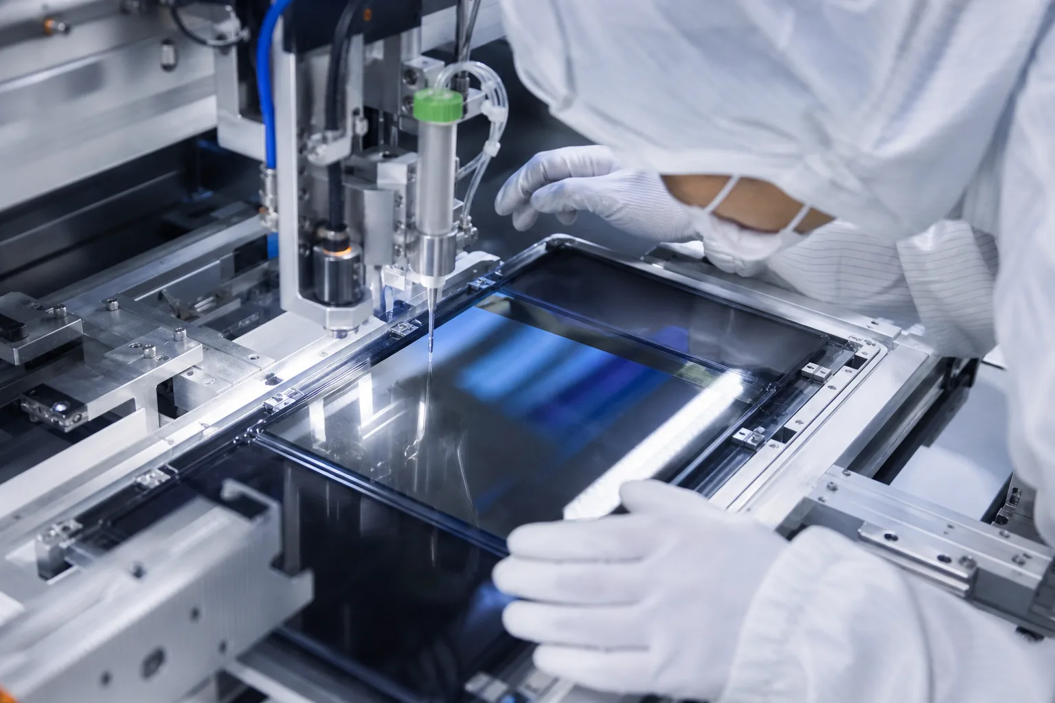 A professional display production line showing engineers using optically clear adhesive to assemble layered screens. Cleanroom setting conveys technical accuracy.