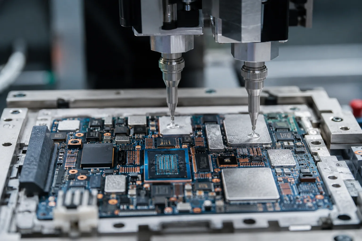 Esta imagen muestra el complejo proceso de aplicación de pastas de blindaje EMI a las estructuras SiP, lo que subraya la importancia de la precisión para prevenir la interferencia electromagnética en los encapsulados electrónicos compactos.