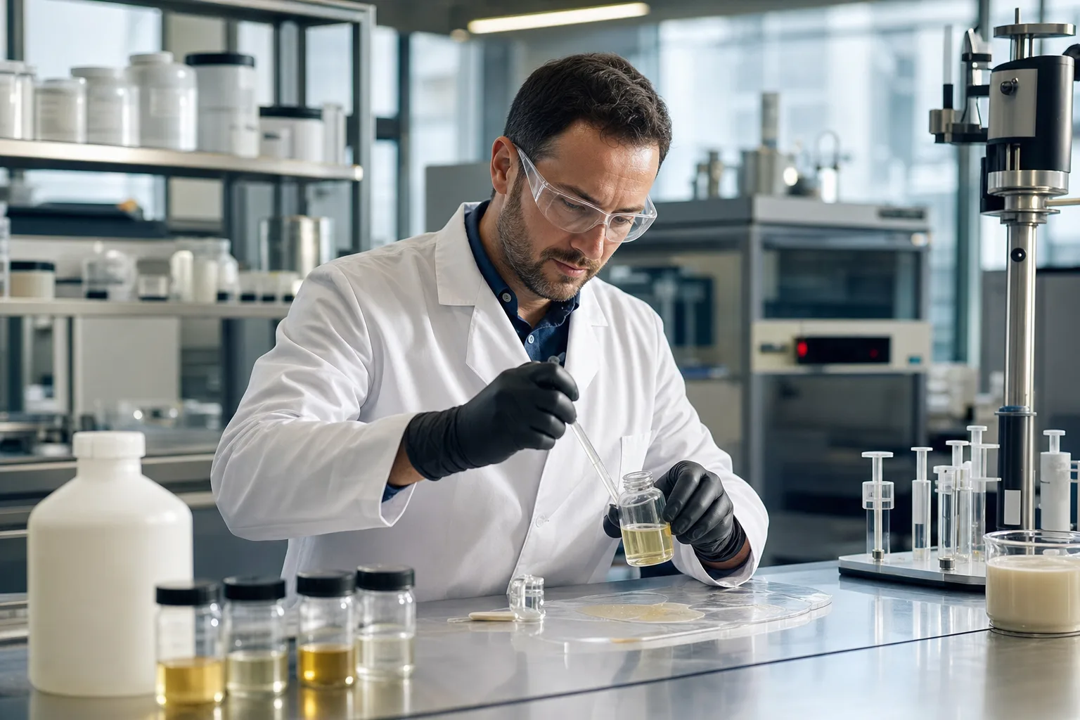 A realistic industrial lab scene showing sample preparation and evaluation of epoxy adhesive resin.