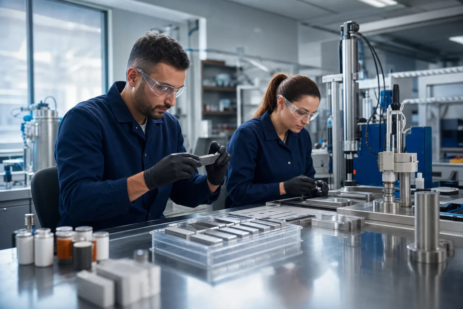 A realistic laboratory scene showing epoxy sample evaluation and structural bond testing for industrial applications.