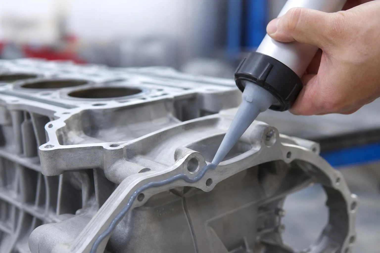 A detailed image of high-temp RTV silicone being precisely dispensed onto a metal engine flange, illustrating its role in industrial metal applications.